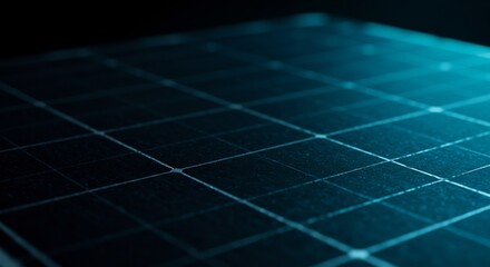A detailed macro shot of a photovoltaic solar panel's surface, illuminated by a moody, cool blue light. The grid pattern represents clean energy and sustainable technology.