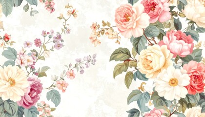  A detailed floral design features a multitude of roses and smaller flowers, in soft pastel shades, on a textured white background.