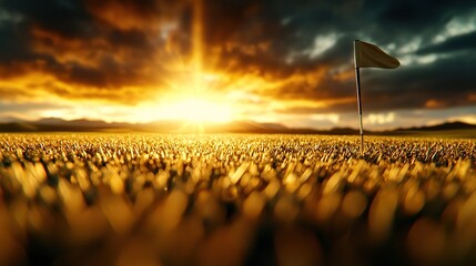Wall Mural - a golf flag stands tall on a grassy field as the sun sets in the distance and clouds drift overhead