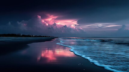 Wall Mural - a stunning image of a moonlit beach with a cloudy sky and the sun shimmering on the water