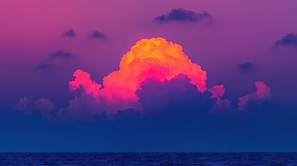 Wall Mural - orange-pink cloud in purplish sky, above the ocean & boat in foreground