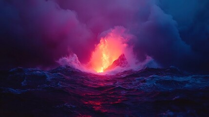 Wall Mural - lava flow in water with emanating red light from the top