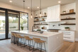 © tynza - Spacious modern kitchen with a large island, bar stools, open shelving, and pendant lights, soft neutral tones of beige and white.