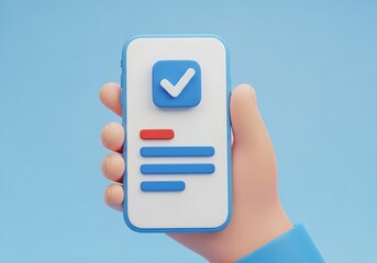 Hand holding smartphone with check mark concept of successfully completed task or verification process user interface design and mobile application development