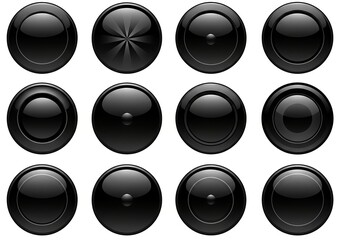 a collection of twelve glossy black circular buttons or elements, isolated on a white background, sh