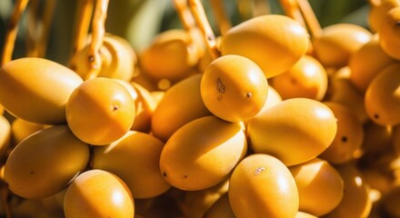 close-up of ripe golden dates hanging on a tree branch in natural sunlight