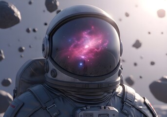 Wall Mural - Astronaut helmet reflection shows vibrant nebula and distant stars