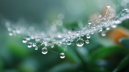 Delicate spiderweb adorned with glistening water droplets, reflecting the surrounding nature. A stunning macro shot perfect for themes of nature, beauty, and resilience.