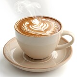 Hot latte coffee with latte drawing in a cup on a saucer, light falling on it from an angle making it more visible and attractive, close-up, white background