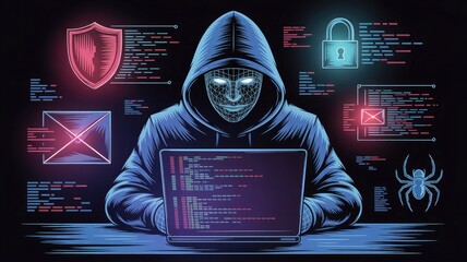 Mysterious hooded figure illuminated by laptop screen surrounded by glowing cybersecurity symbols and digital code on a dark background
