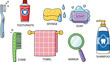 © Moksedul Creative - Bathroom objects, hygiene items, toothbrush toothpaste illustration, soap shampoo sponge, towel comb mirror vector, personal care products, bathroom essentials clipart