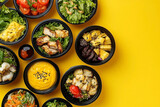 Vibrant Assortment of Healthy Food Bowls on Sunny Yellow Background, Top View