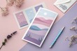 © Zaffee - Pastel Landscape Illustration on Folded Pamphlet Flatlay – Minimal Mockup Design for Branding and Presentation