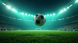A soccer ball suspended in the air above a vibrant green soccer field in a brightly lit stadium with spectators