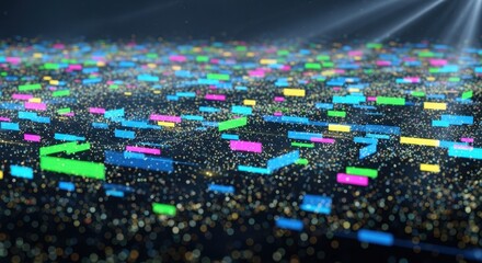 Digital Data Stream: A vibrant abstract digital landscape where streams of data are represented by dynamic, colorful blocks, illustrating the flow of information in a modern technological context.