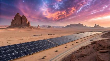 Scenic desert landscape with solar panels under a vibrant sky at sunset