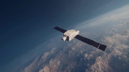 Wall Mural - Satellite orbiting Earth with solar panels extended. Space exploration and global communication. Aerial view of planet surface, mountains, and atmosphere from orbit.