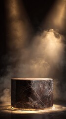 Wall Mural - stunning photo of dark round marble pedestal illuminated by warm golden spotlights with smoky backgr
