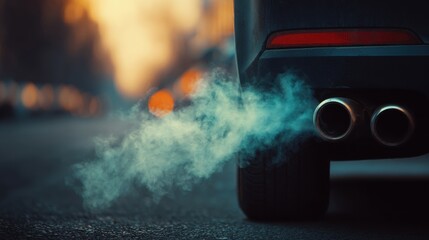 Wall Mural - stunning photo of closeup car exhaust pipe with visible co2 smoke billowing out. carbon emissions an