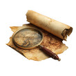 © Akash - Vintage map and magnifying glass for treasure hunt adventure, isolated on transparent background, a journey into history and exploration