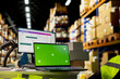 © DC Studio - Empty storage room depot shows screen with copy space mockup, fulfillment center shipping cargo packages for online shopping e-commerce business. Local brand stock room.