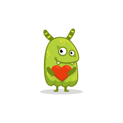 Wall Mural - Cute cartoon monster with heart on white background. Happy Alien. Funny green monster in flat style. Vector illustration. 