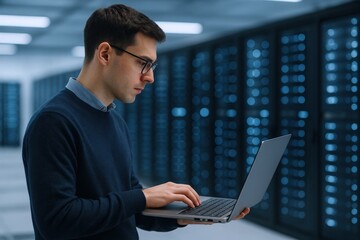 IT professional in data center using laptop for system monitoring and maintenance tasks