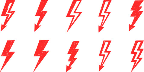Set of sketched Red flash lightning bolt icon. Electric power symbol. Power energy sign