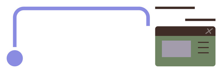 Minimal design with a line connecting a circular point to a web interface box. Ideal for workflow, process visualization, systems connection, UX design, data flow, organization, simple flat metaphor