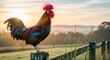 © HapeTany - Rooster crowing at sunrise on a farm fence.