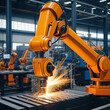 © Cameron - Orange robotic arm welding metal parts in modern industrial factory. Sparks flying during automated manufacturing process. Robotics automation, Industry 4. 0 tech in production, future of industrial