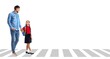 © Pixel-Shot - Little schoolgirl and her father on pedestrian crosswalk against white background