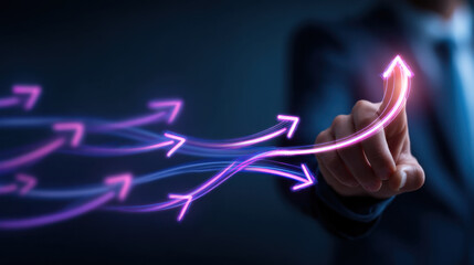 Wall Mural - businessman pointing at glowing arrows representing growth and progress, symbolizing direction and s