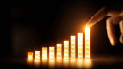 Wall Mural - hand points glowing bar graph representing growth and progress, with each bar illuminated warm light