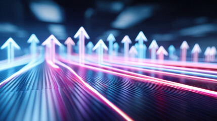 Wall Mural - futuristic neon arrows point upward, symbolizing growth and progress in digital landscape. vibrant c