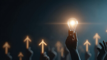 Wall Mural - hand holds glowing light bulb against dark background, symbolizing ideas and innovation. surrounding