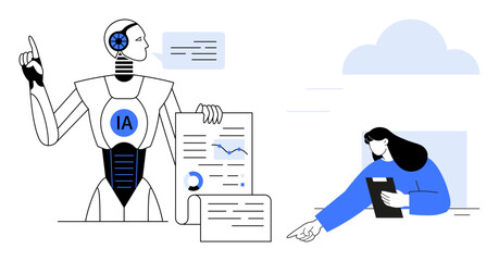 Wall Mural - AI robot pointing to data charts while holding a report, analyst reviewing notes at desk. Ideal for technology, AI innovation, data analysis, teamwork, automation, collaboration, and simple landing