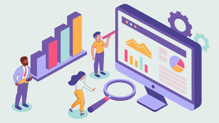 Isometric Illustration of Data Analysis and Business Insights.
