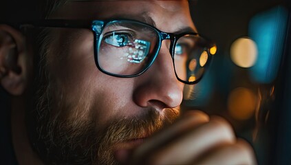 Close-up of focused man with glasses, screen reflection in eyes, beard