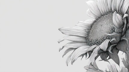 Delicate sunflower sketch, with realistic petal texture, greyscale, neutral space