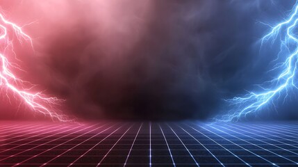 Wall Mural - the image depicts a grid surface under a dramatic sky where lightning strikes in pink on one side an