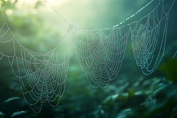 Enchanting Foggy Woodland with Glistening Dew and Spider Webs