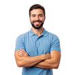 © LM - Happy confident smiling man with arms crossed wearing a blue polo shirt looking at camera