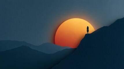 Wall Mural - Silhouette of a person standing on a mountain ridge against a large setting sun