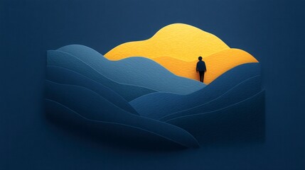 Wall Mural - Silhouette person stands on abstract layered hills under a bright yellow sun against a dark blue background