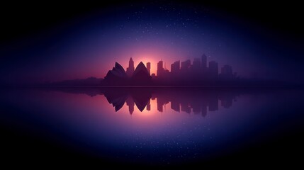Wall Mural - Silhouette skyline of city buildings and iconic opera house reflected in calm water at dusk