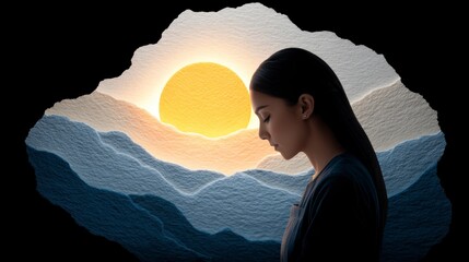Wall Mural - Young woman with dark hair contemplating a surreal mountain landscape with a large sun