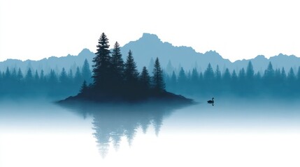 Wall Mural - Misty blue forest lake with a swan swimming reflections on water surface mountain backdrop