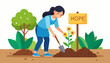 © Miaw - Woman planting flower with hope sign outdoors.