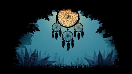 Wall Mural - Dreamcatcher hanging in misty forest with ferns and tall grass nature outdoor